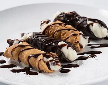 Cannoli with ricotta filling, chocolate drizzle, and powdered sugar.