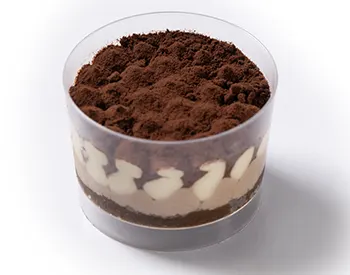 Tiramisu with mascarpone, cocoa powder, and espresso-soaked layers.