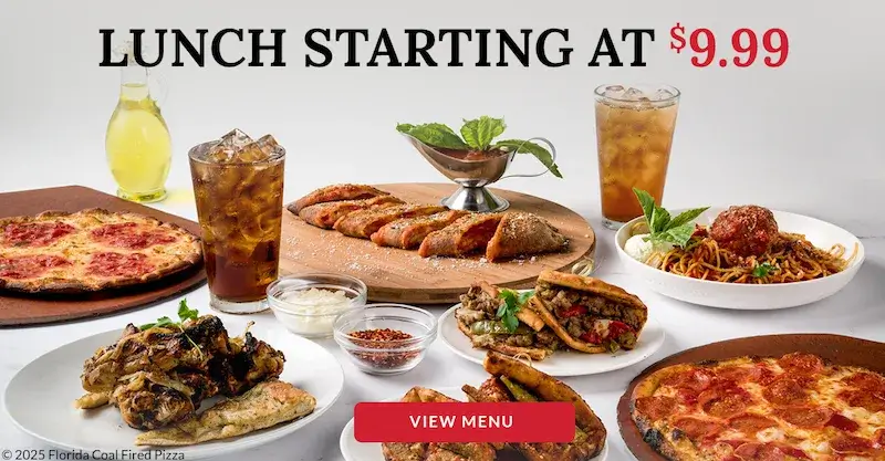Anthony’s Coal Fired Pizza & Wings lunch specials starting at $9.99 – Featuring pizza, wings, stromboli, pasta, sandwiches, and iced tea.