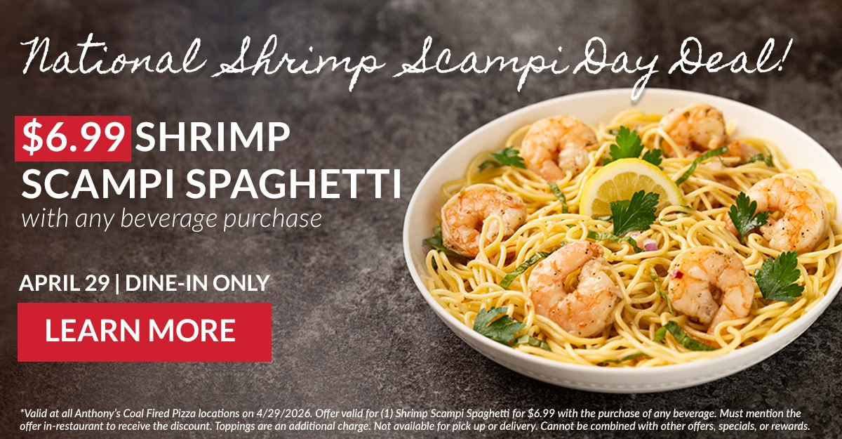 Promotional graphic for National Shrimp Scampi Day featuring a bowl of shrimp scampi spaghetti with a $6.99 dine-in offer and beverage purchase on April 29.