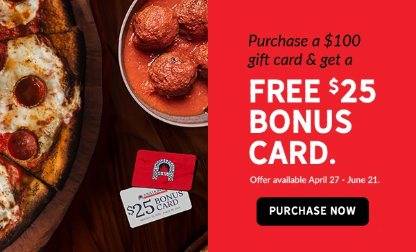 ACFP gift card promotion featuring pizza, meatballs, and a free $25 bonus card offer.