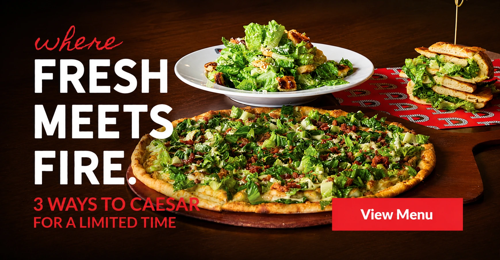 Anthony's Coal Fired Pizza & Wings Caesar menu featuring Caesar pizza, Caesar salad and Caesar sandwich for a limited time.